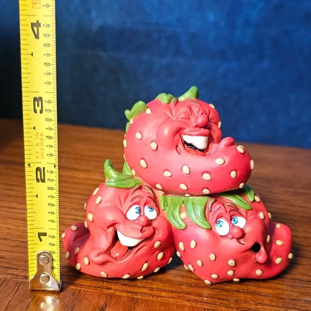 Vintage Anthropomorphic Strawberry Trio Figurine Funny Face Fruit Decor Red